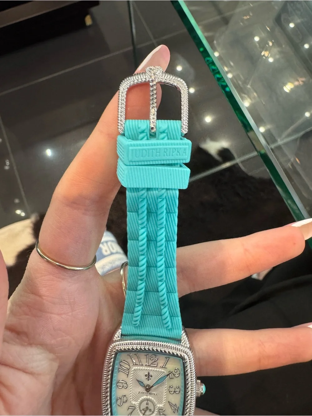 New Judith Ripka Stainless Steel Square Watch w:  Turquoise Silicone Strap